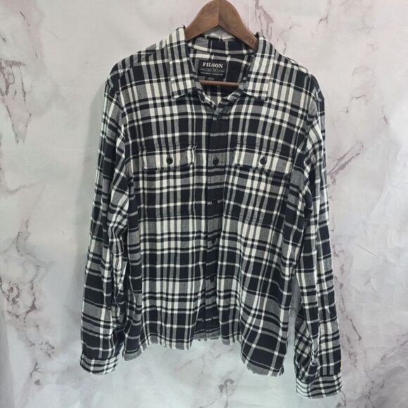 Filson Shirt Mens Large Black White Plaid Button Up Long Flannel Lightweight - Picture 1 of 12